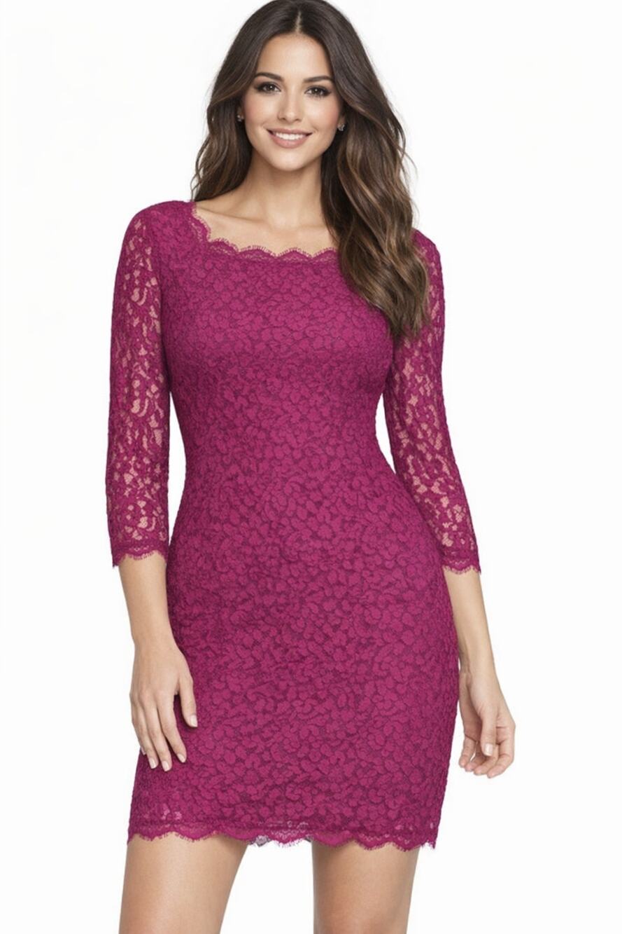 Adrianna Papell Evening Dress Long Sleeve Lace Sheath Fuchsia Size 10